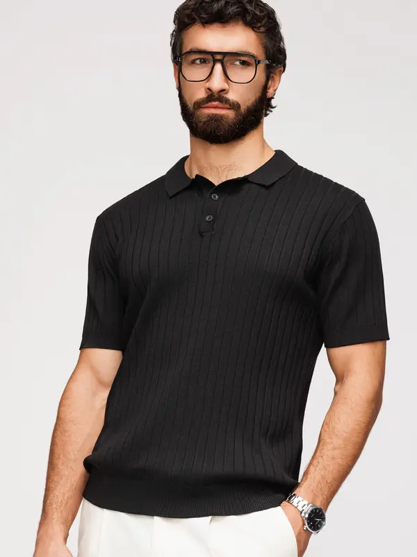 Ombre Мъжка поло тениска SLIM FIT на райета Ombre - черна
