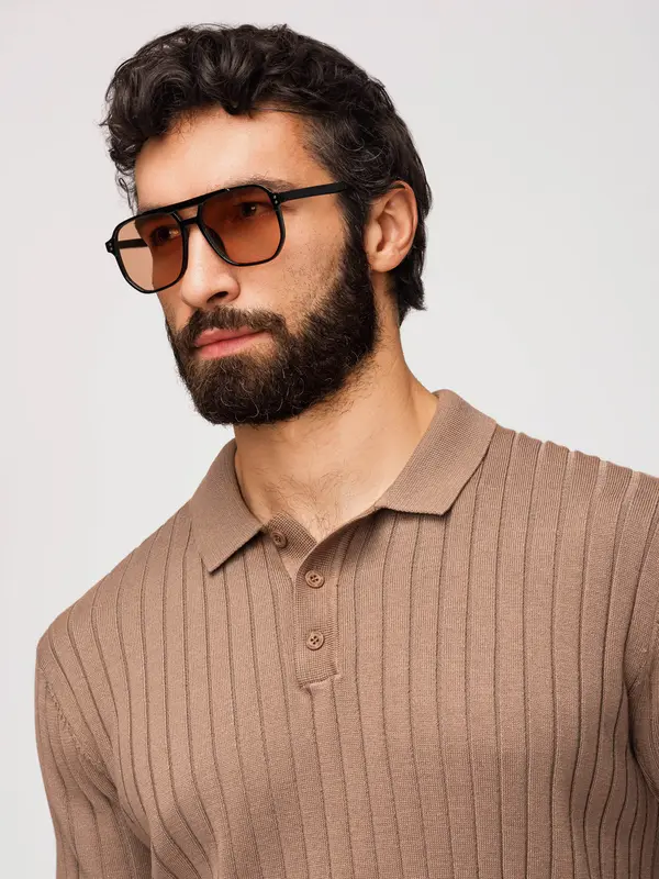 Ombre Мъжка поло тениска SLIM FIT с вертикални райета Ombre - светлокафява