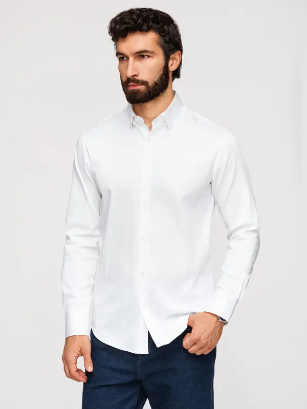 Ombre Мъжка риза SLIM FIT със сатенено покритие - бяла