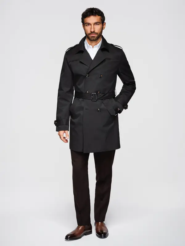 Ombre Мъжки двуредно закопчаващо се тренчкот Ombre SLIM FIT с колан - черен