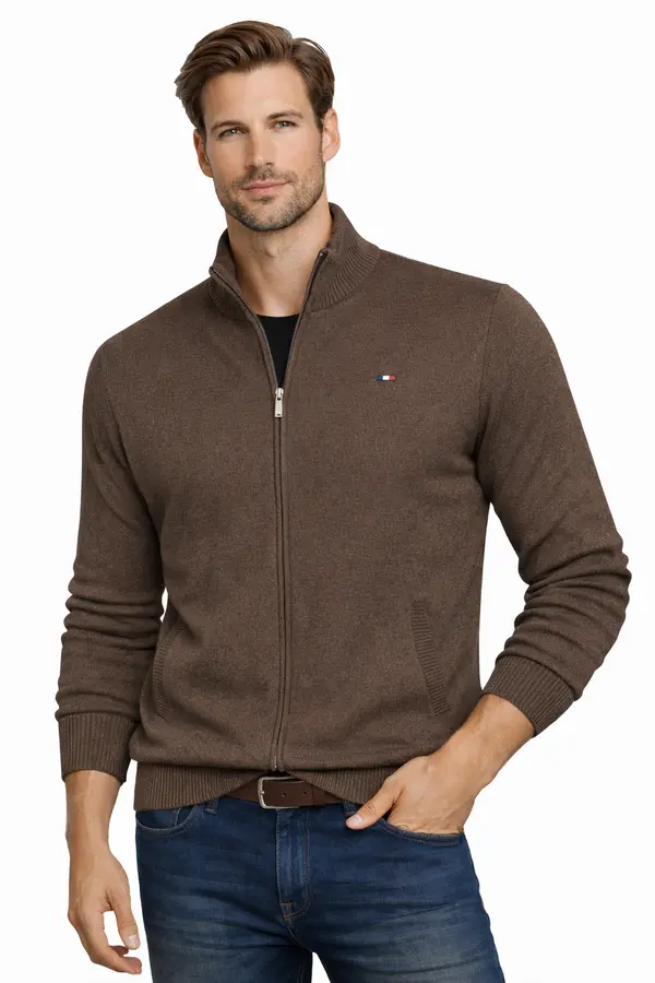 ORIGINAL REDWAY Мъжки кафяв пуловер с цип