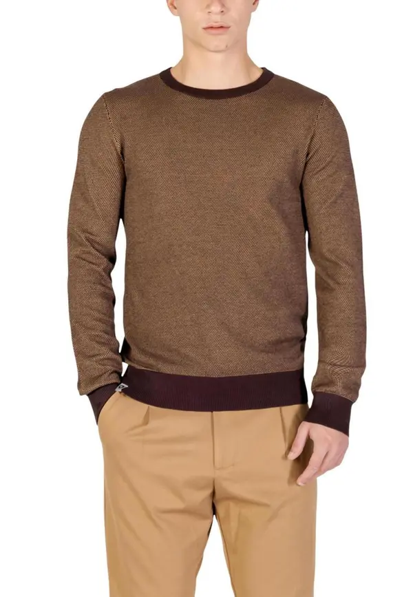 Yos Мъжки кафяв пуловер с кръгло деколте