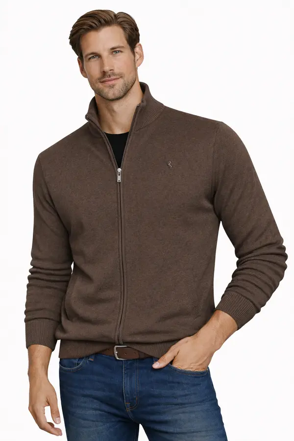ORIGINAL REDWAY Мъжки пуловер с отворена врата - кафяв