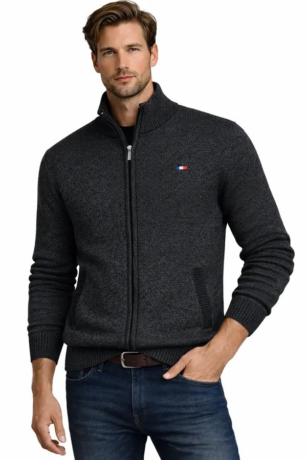 ORIGINAL REDWAY Мъжки пуловер с отворена врата, тъмносив