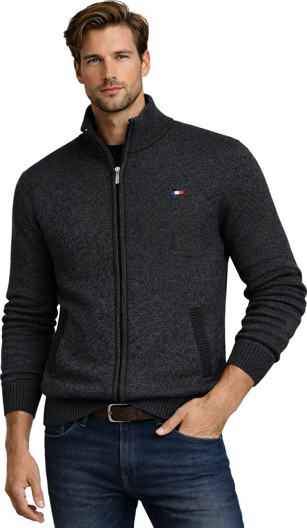 ORIGINAL REDWAY Мъжки пуловер с отворена врата, тъмносив