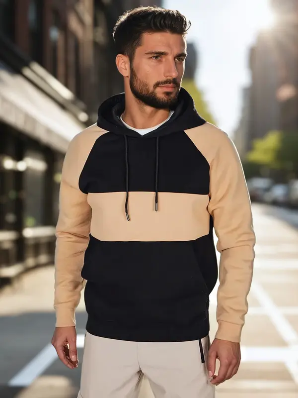 DStreet Мъжки суитшърт с качулка в камилови и черни райета