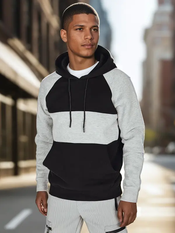 DStreet Мъжки суитшърт с качулка в сиво и черно на райета