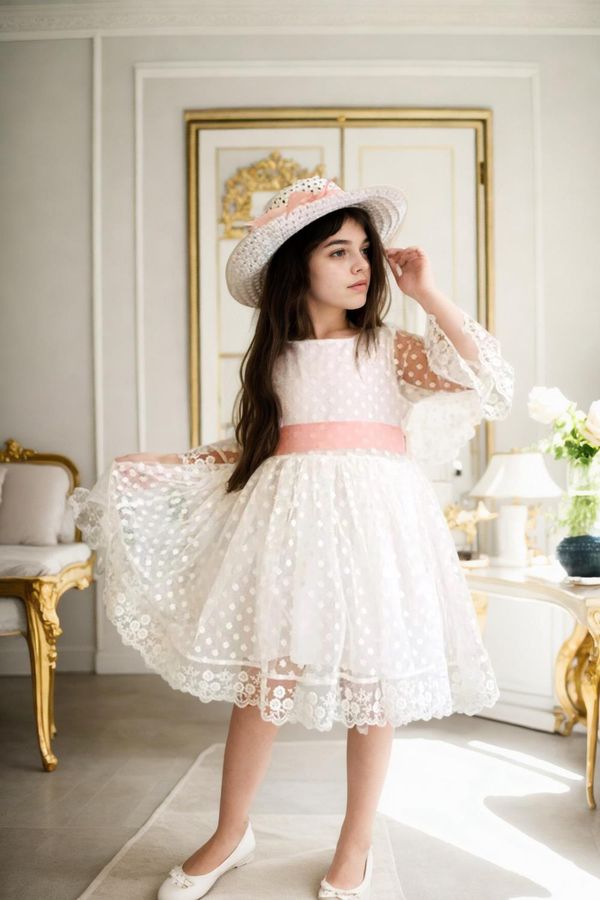 dewberry N8712 Dewberry Princess Model Girls Dress with Hat & Lace-WHITE