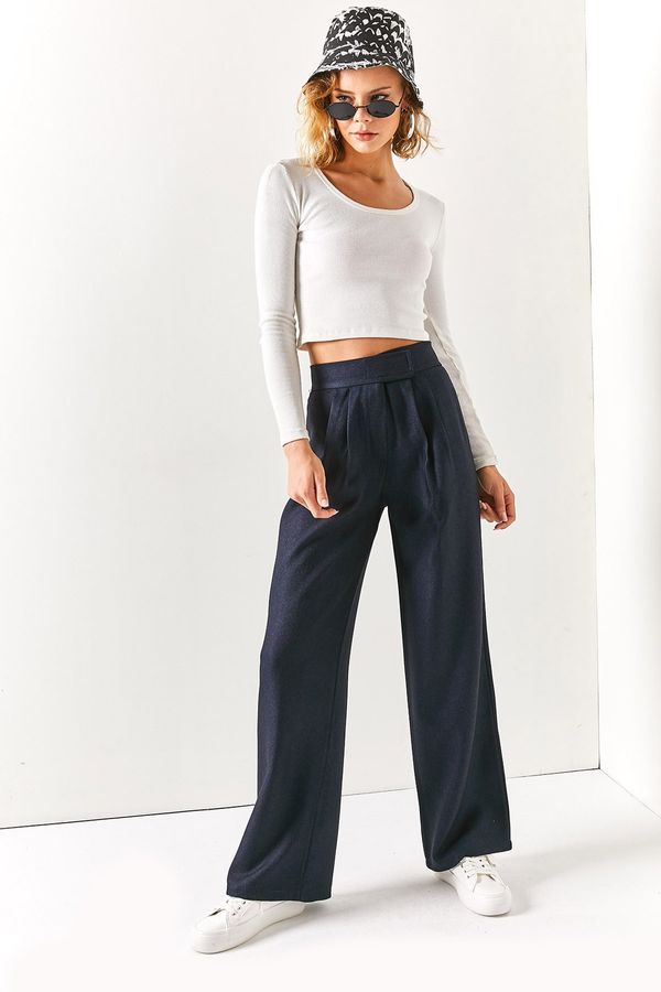 Olalook Olalook Дамски тъмносин зимен панталон с висока талия с велкро закопчаване на талията