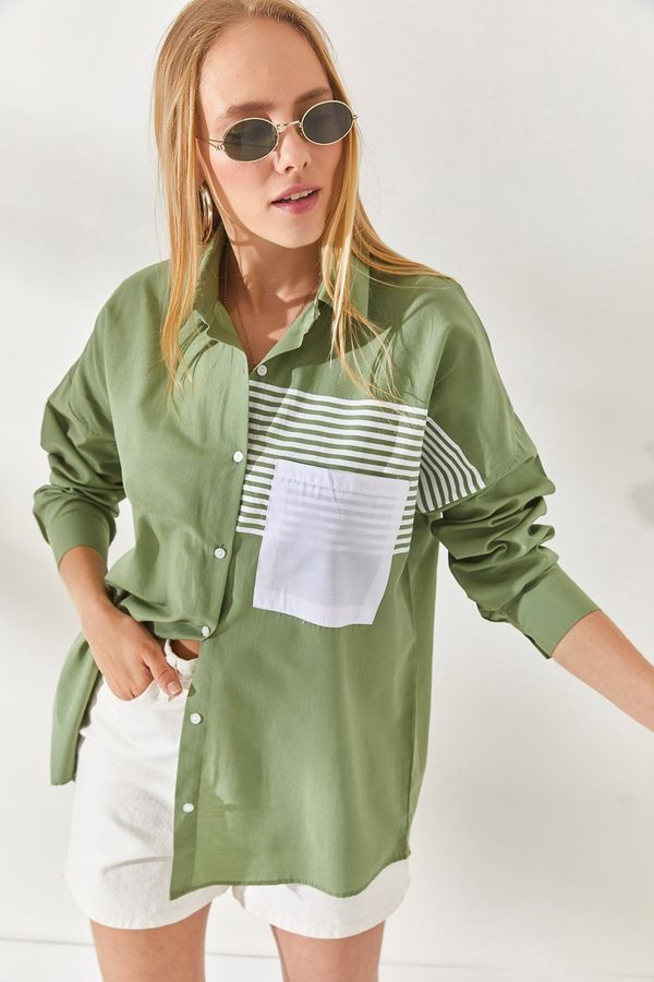 Olalook Olalook Musty Green Oversized Woven Shirt with Pocket Detail