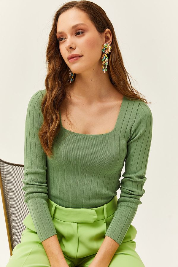 Olalook Olalook Women's Almond Green Square Neck Thick Ribbed Knitwear Blouse