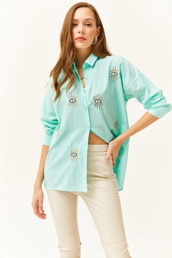 Olalook Olalook Women's Aqua Green Sequin Detailed Woven Boyfriend Shirt