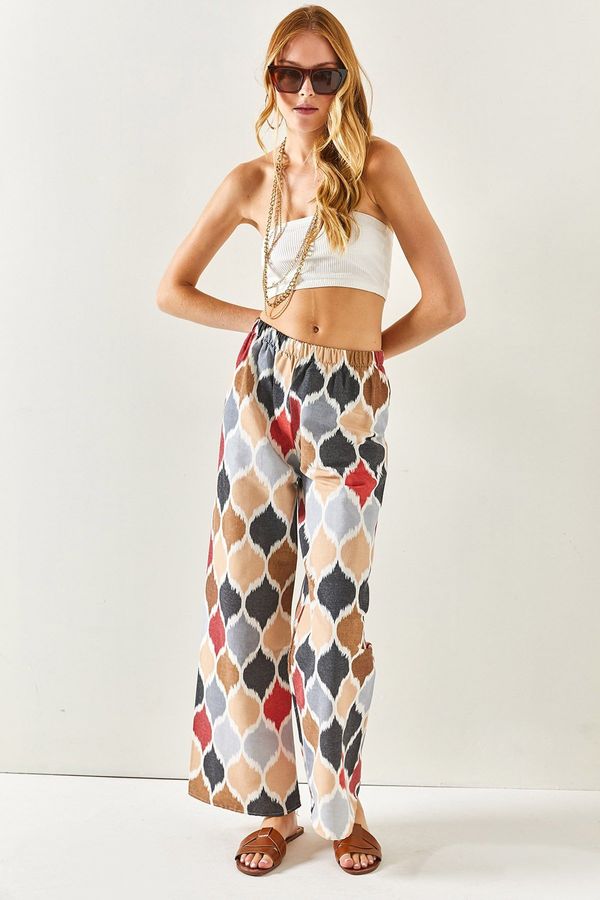 Olalook Olalook Women's Baklava Brown Belted Patterned Linen Palazzo Pants