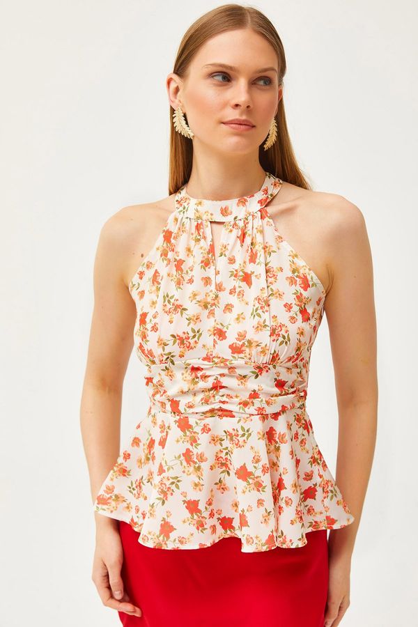 Olalook Olalook Women's Beige Coral Halter Neck Waist Detailed Crepe Blouse