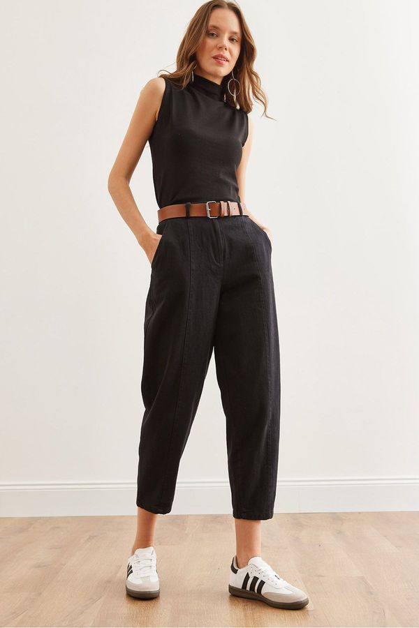 Olalook Olalook Women's Black Belted Stitch Detailed Baggy Gabardine Trousers