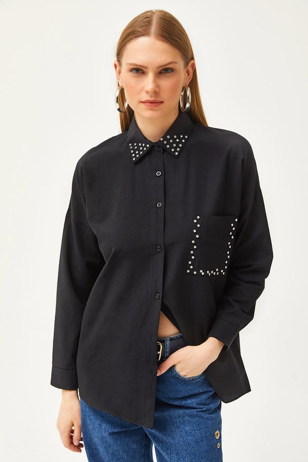 Olalook Olalook Women's Black Collar and Pocket Stone Woven Shirt