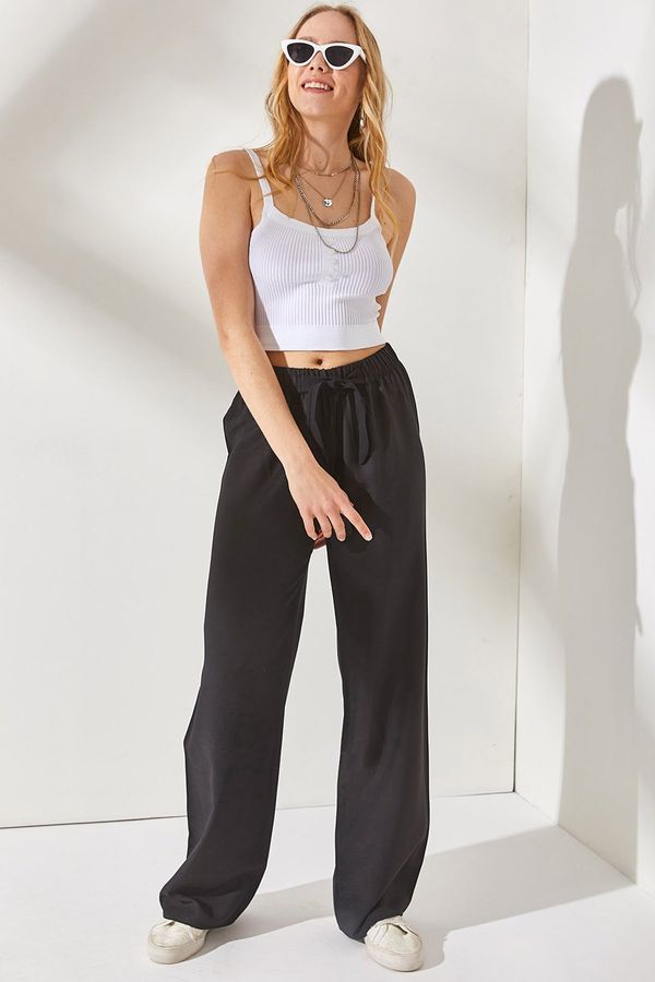 Olalook Olalook Women's Black Elastic Waist and Lace Palazzo Linen Pants
