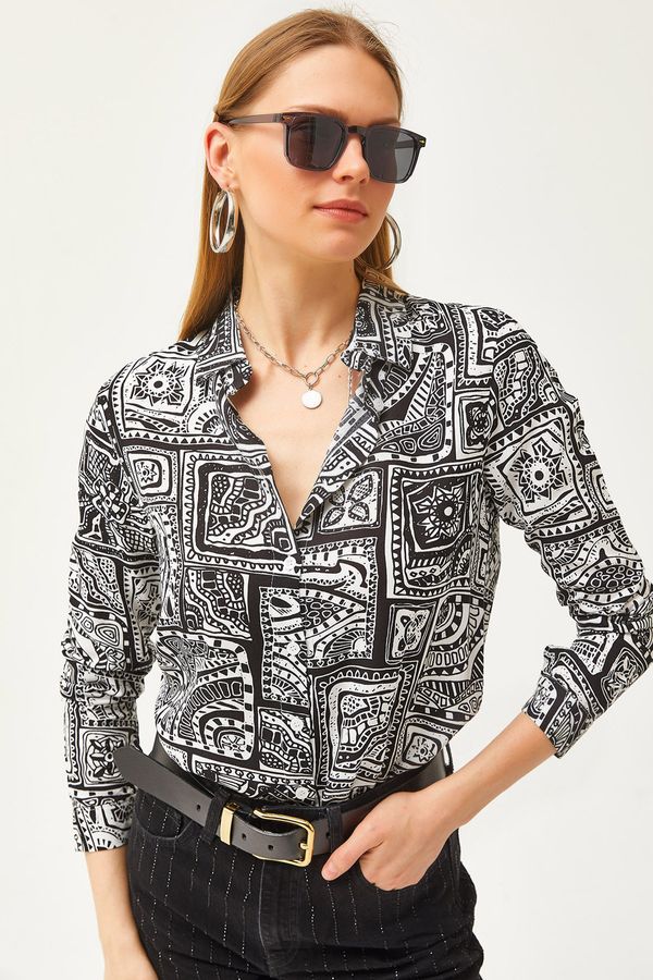 Olalook Olalook Women's Black Patch Patterned Woven Viscose Shirt