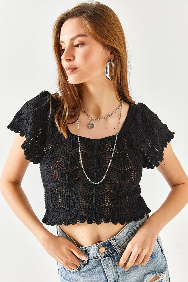 Olalook Olalook Women's Black Shoulder Detailed Openwork Crop Knitwear Blouse