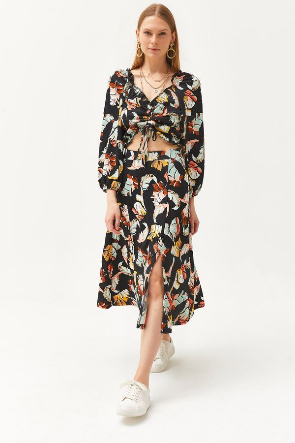 Olalook Olalook Women's Black Top Blouse Bottom Slit Skirt Suit