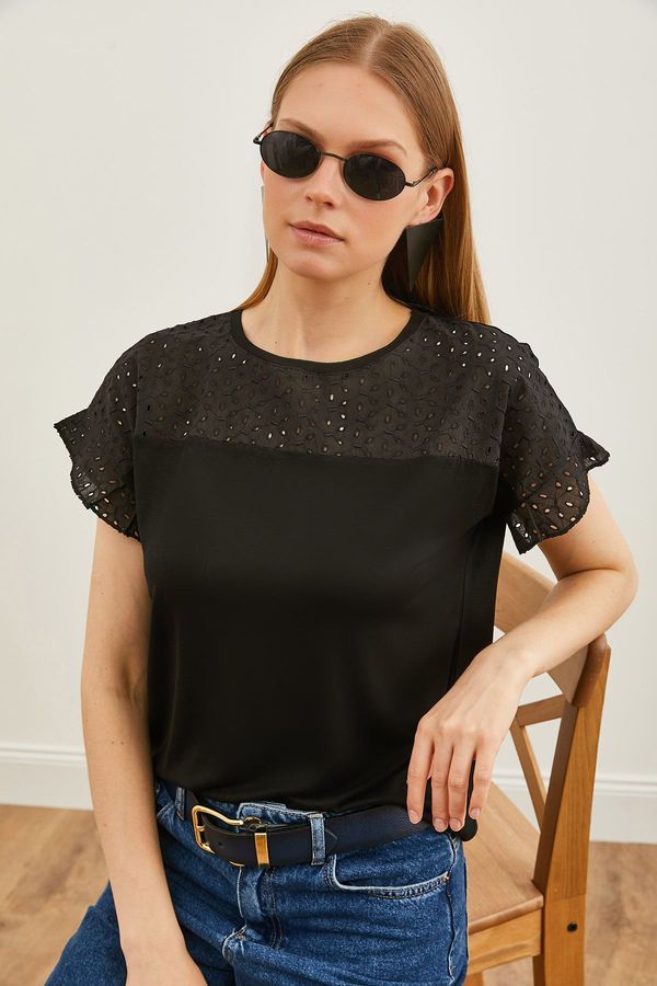 Olalook Olalook Women's Black Top Scallop Sleeve Flounce T-Shirt