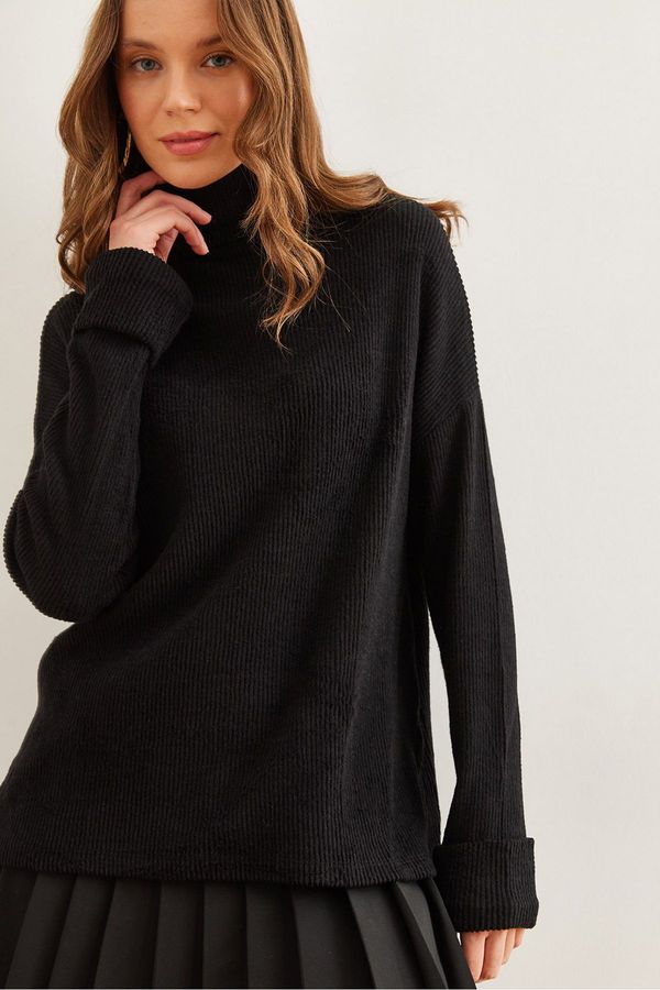 Olalook Olalook Women's Black Turtleneck Cuff Detailed Soft Texture Blouse