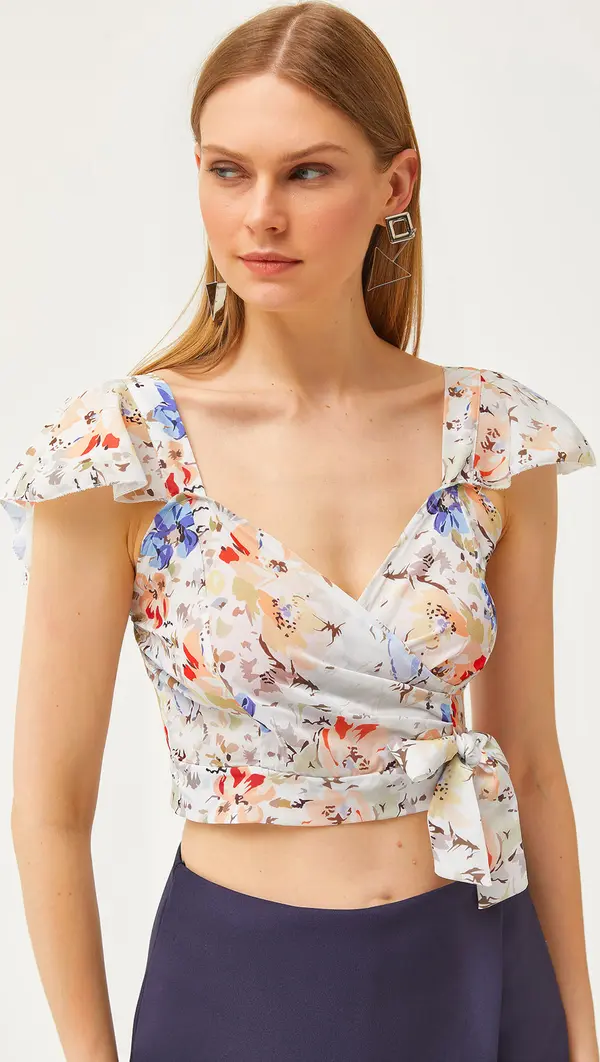 Olalook Olalook Women's Blue Floral Side Zipper Sleeve Detailed Mos Crepe Blouse