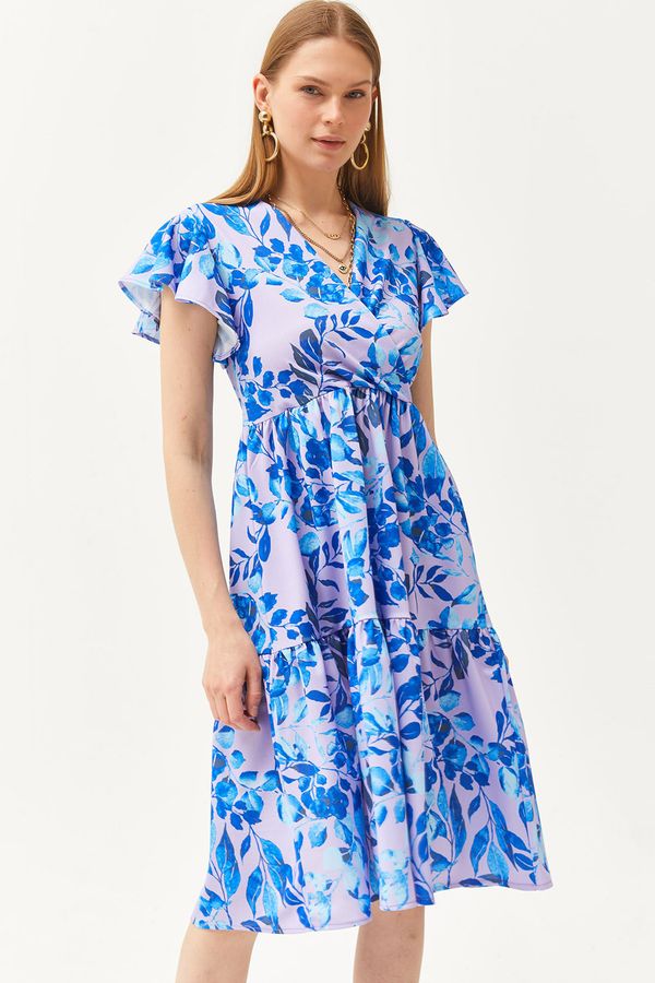 Olalook Olalook Women's Blue Lilac Double Breasted Collar Sleeve Detailed Knitted Dress