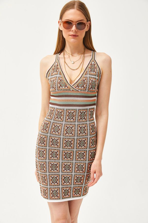 Olalook Olalook Women's Brown Strappy Patch Patterned Back Cross Mini Knitwear Dress