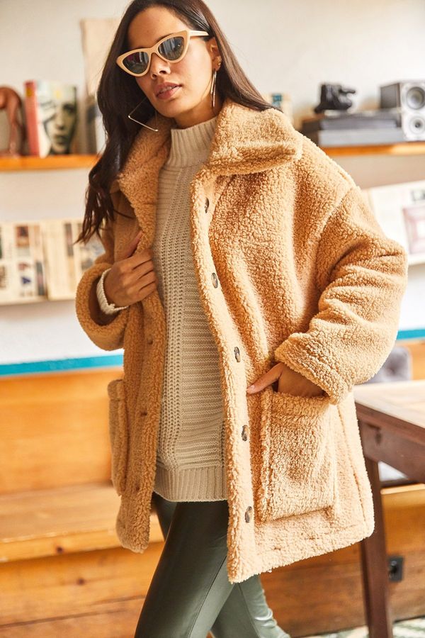 Olalook Olalook Women's Camel Hair Button Pocket Unlined Oversize Plush Jacket