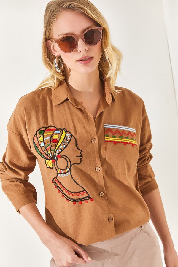 Olalook Olalook Women's Camel Loose Woven Linen Shirt with Pockets and Embroidery Detail