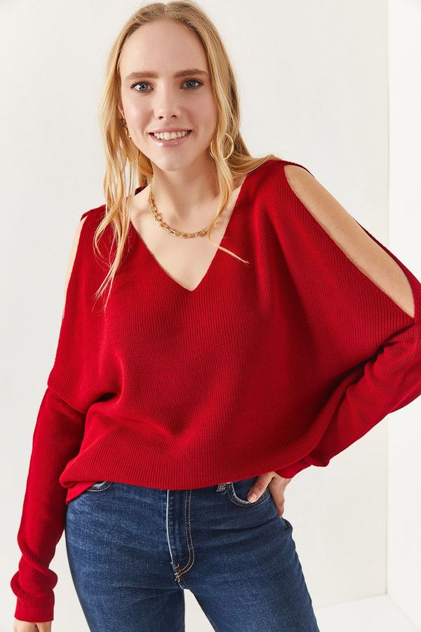 Olalook Olalook Women's Claret Red V-Neck Decollete Loose Knitwear Blouse