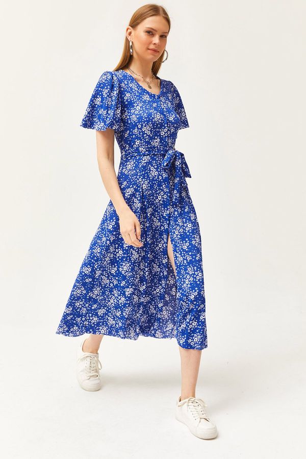 Olalook Olalook Women's Daisy Sax Blue V-Neck Belted Buttoned Knitted Dress