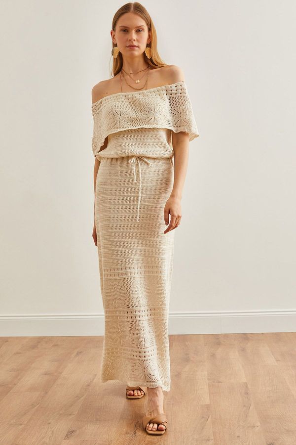 Olalook Olalook Women's Ecru Carmen Collar Waist Gathered Openwork Knitwear Dress