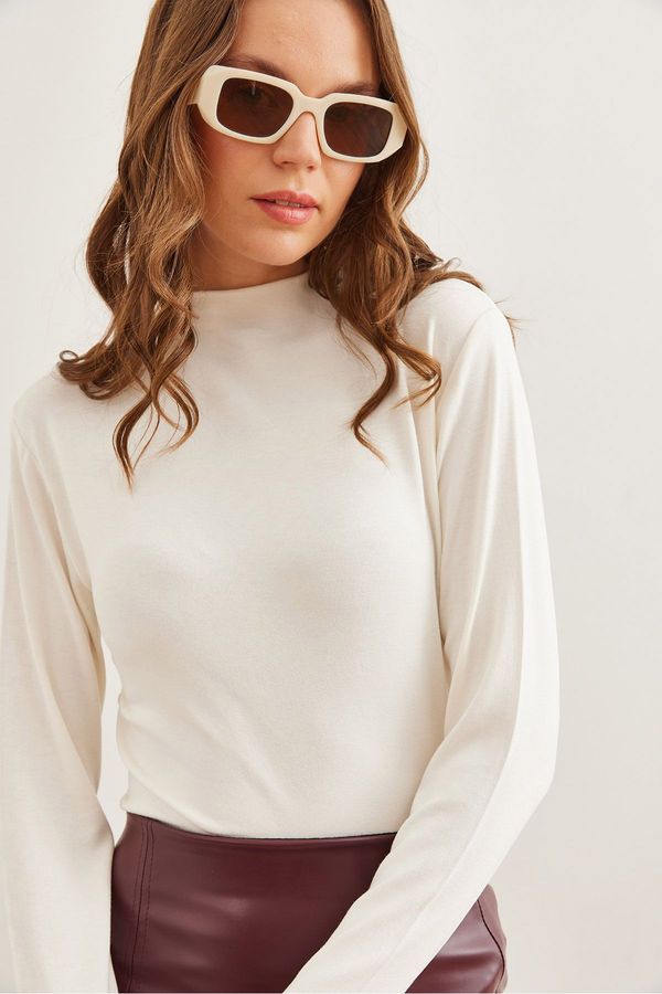 Olalook Olalook Women's Ecru Stand Collar Flowy Soft Touch Blouse