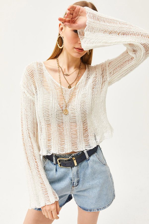 Olalook Olalook Women's Ecru V-Neck Stripe Openwork Seasonal Knitwear Blouse