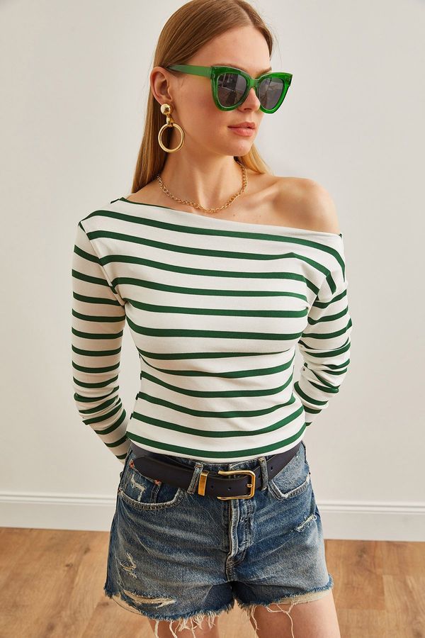 Olalook Olalook Women's Emerald Green Striped Premium Soft Touch Boat Neck Stretchy Blouse