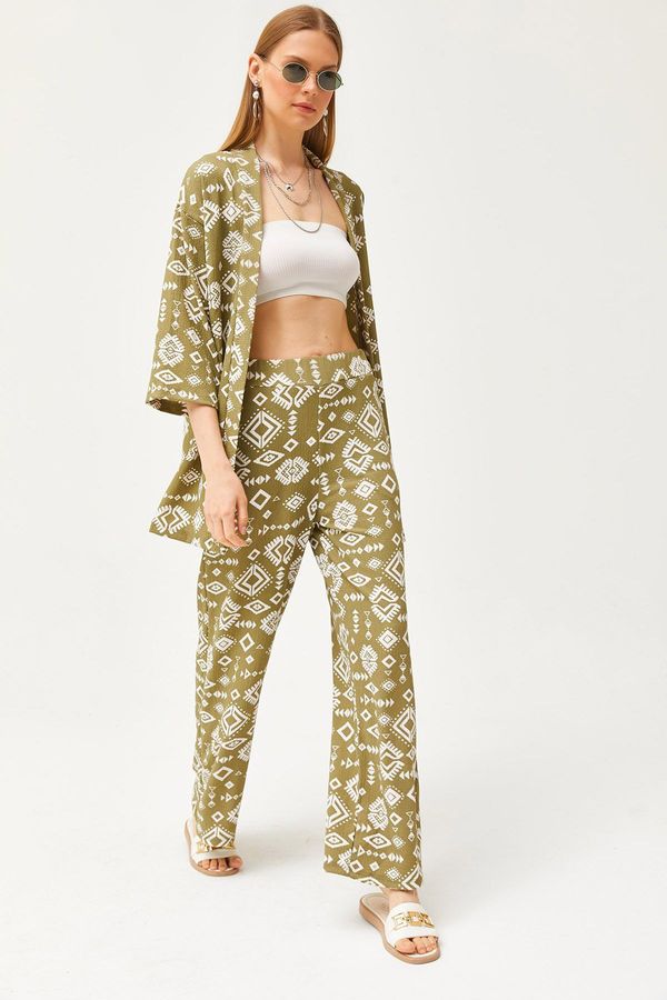 Olalook Olalook Women's Ethnic Khaki Top Kimono Bottom Pocket Trousers Set