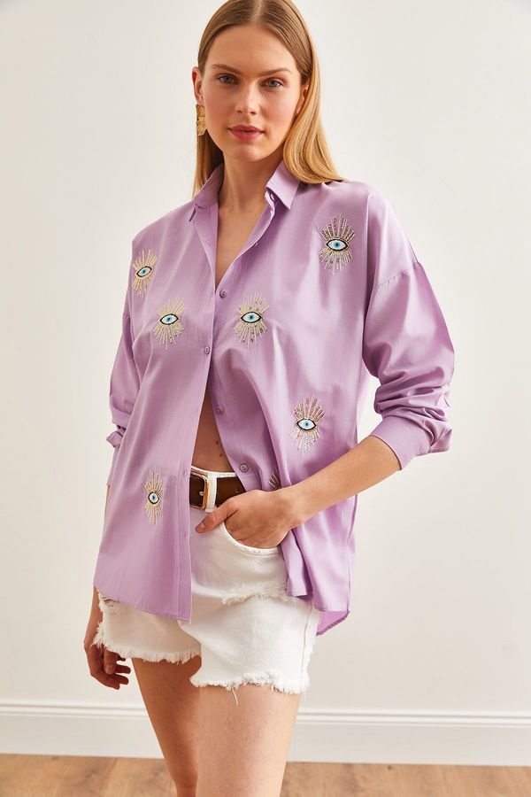 Olalook Olalook Women's Eye Lilac Sequin Detailed Woven Boyfriend Shirt