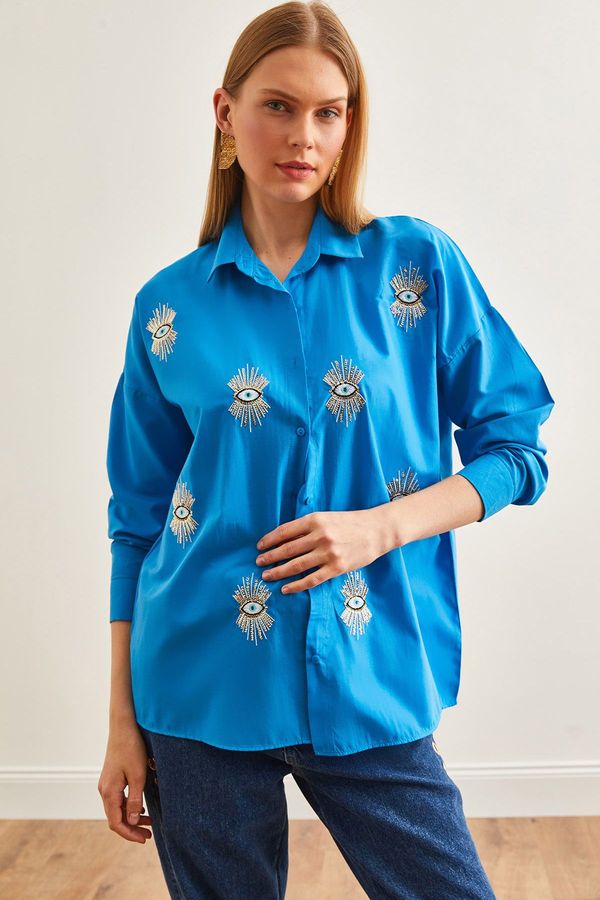 Olalook Olalook Women's Eye Sky Blue Sequin Detailed Woven Boyfriend Shirt