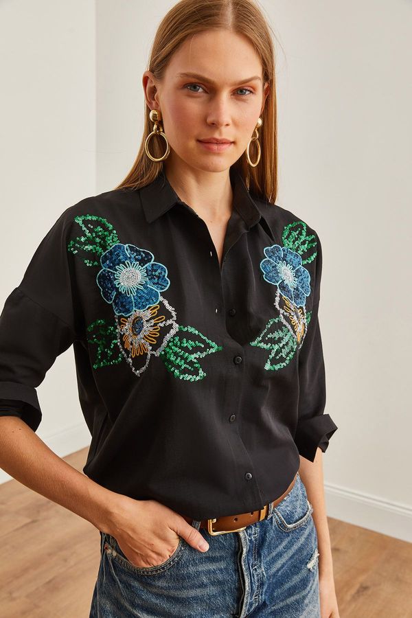 Olalook Olalook Women's Floral Black Palm Sequin Detailed Woven Shirt