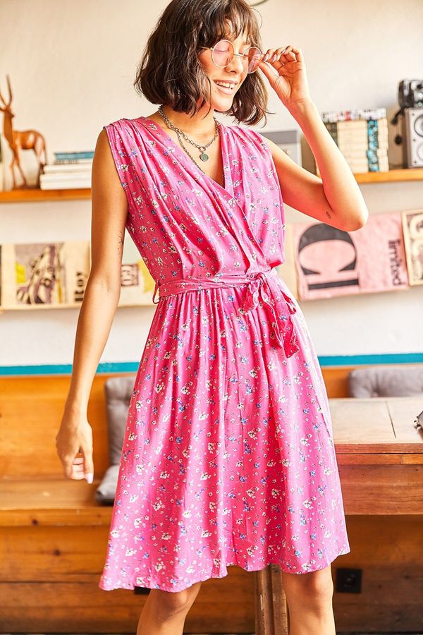 Olalook Olalook Women's Fuchsia Double Breasted Belted Woven Viscose Dress