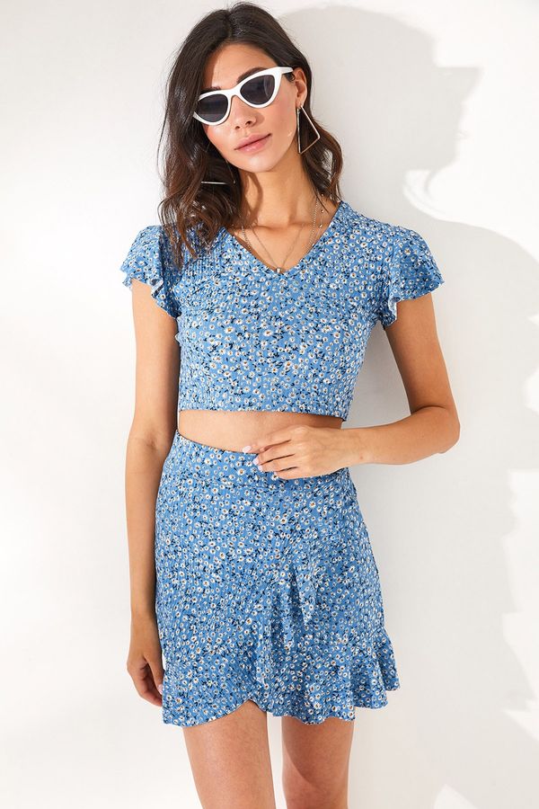 Olalook Olalook Women's Indigo Floral Skirt, Wrapped Top and Bottom Set