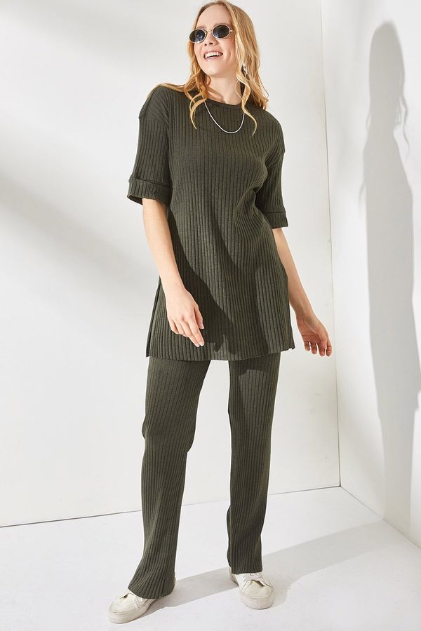 Olalook Olalook Women's Khaki Short Sleeve Tops and Bottoms, Lycra Suit