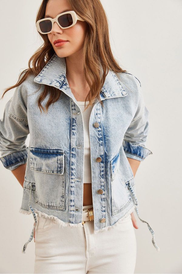 Olalook Olalook Women's Light Blue Double Pocket Tassel Denim Jacket