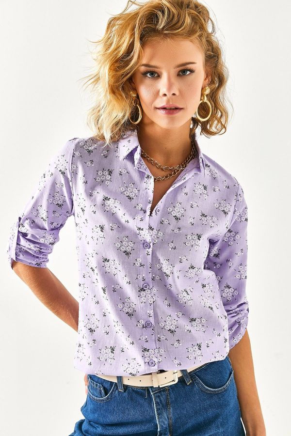 Olalook Olalook Women's Lilac Floral Fold Sleeve Linen Shirt
