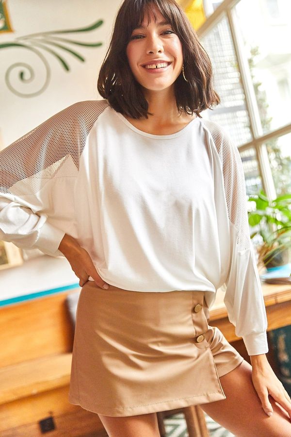 Olalook Olalook Women's Lycra Knitted Ecru Sleeve Fishnet Loose Blouse