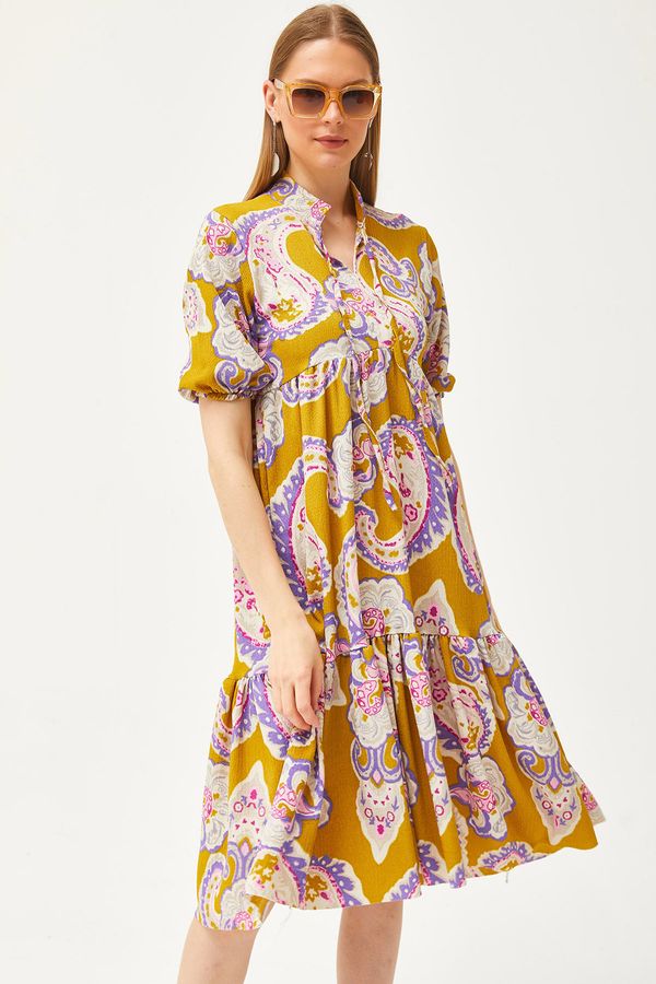 Olalook Olalook Women's Mustard Collar Lace-up Casual Dress