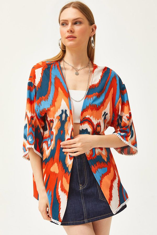 Olalook Olalook Women's Orange Blue Palm Guipure Detailed Viscose Kimono