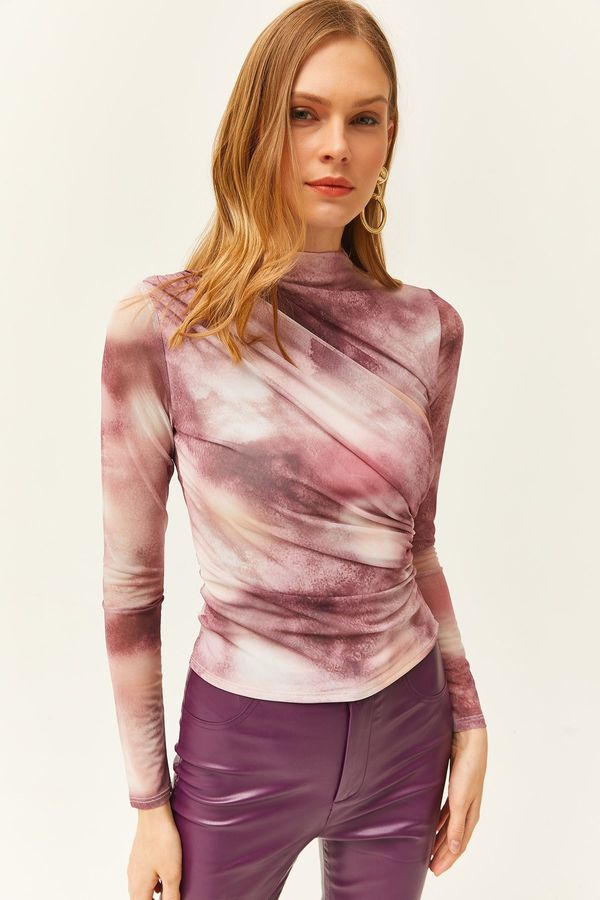 Olalook Olalook Women's Pale Pink Drape Detailed Front Lined Tulle Blouse